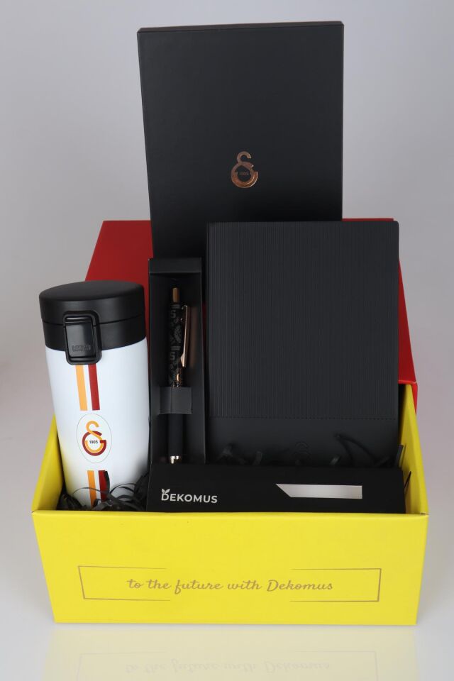 DEKOMUS İLE LİSANSLI GALATASARAY ÖZEL KUTULU PREMIUM 400 ML ÇELİK TERMOS,DERİ AJANDA,HYBRID TÜKENMEZ KALEM SETİ