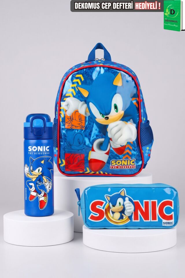 x Dekomus Lisanslı Sonic Küçük Boy Anaokul ve Kalem Çantası , 600 ML Çift Fonksiyon Kapaklı Çelik Matara Seti