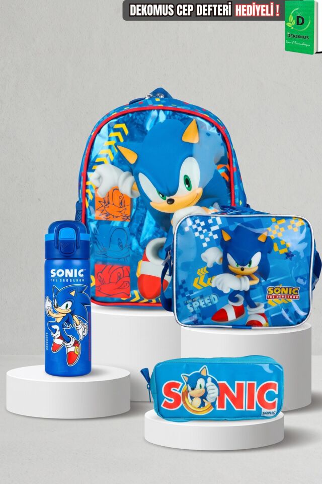 x Dekomus Lisanslı Sonic Küçük Boy Anaokul,Beslenme ve Kalem Çantası , 600 ML Çift Fonksiyon Kapaklı Çelik Matara Seti