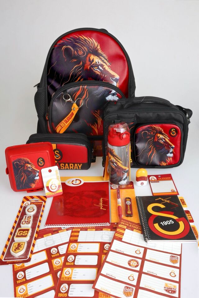 DEKOMUS İLE LİSANSLI GALATASARAY FULL KIRTASİYE SETİ KÜÇÜK BOY 32 CM ANAOKUL ÇANTASI,500 ML MATARA VE BESLENME KABI SETİ
