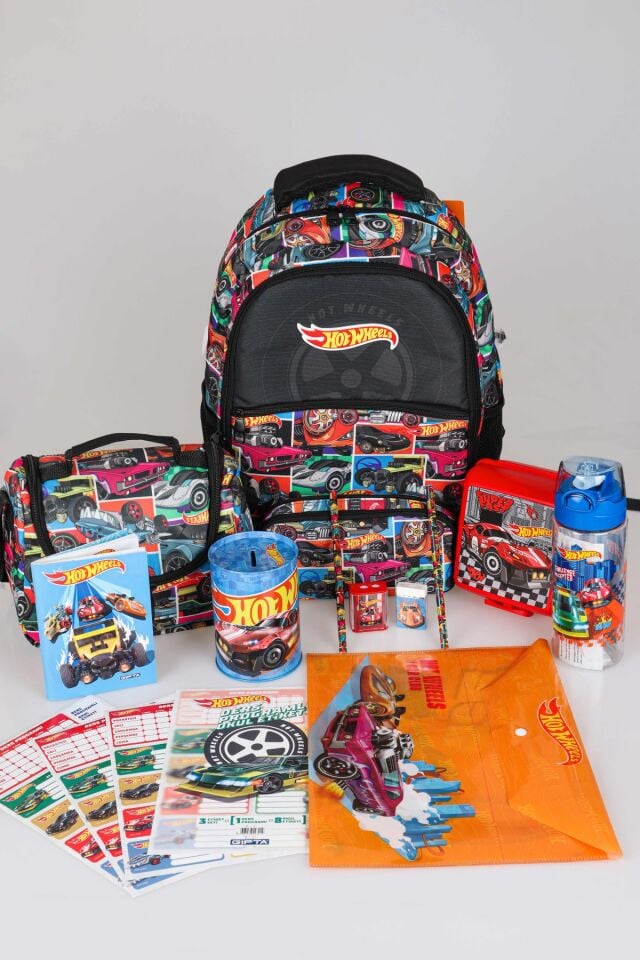 LİSANSLI HOT WHEELS OKUL,BESLENME VE KALEM ÇANTASI İLE BESLENME KABI KIRTASİYE SETİ ÇITÇIT DOSYA,KALEM,SİLGİ,KUMBARA,KALEMTRAŞ,RESİM DEFTERİ,OKUL ETİKETİ