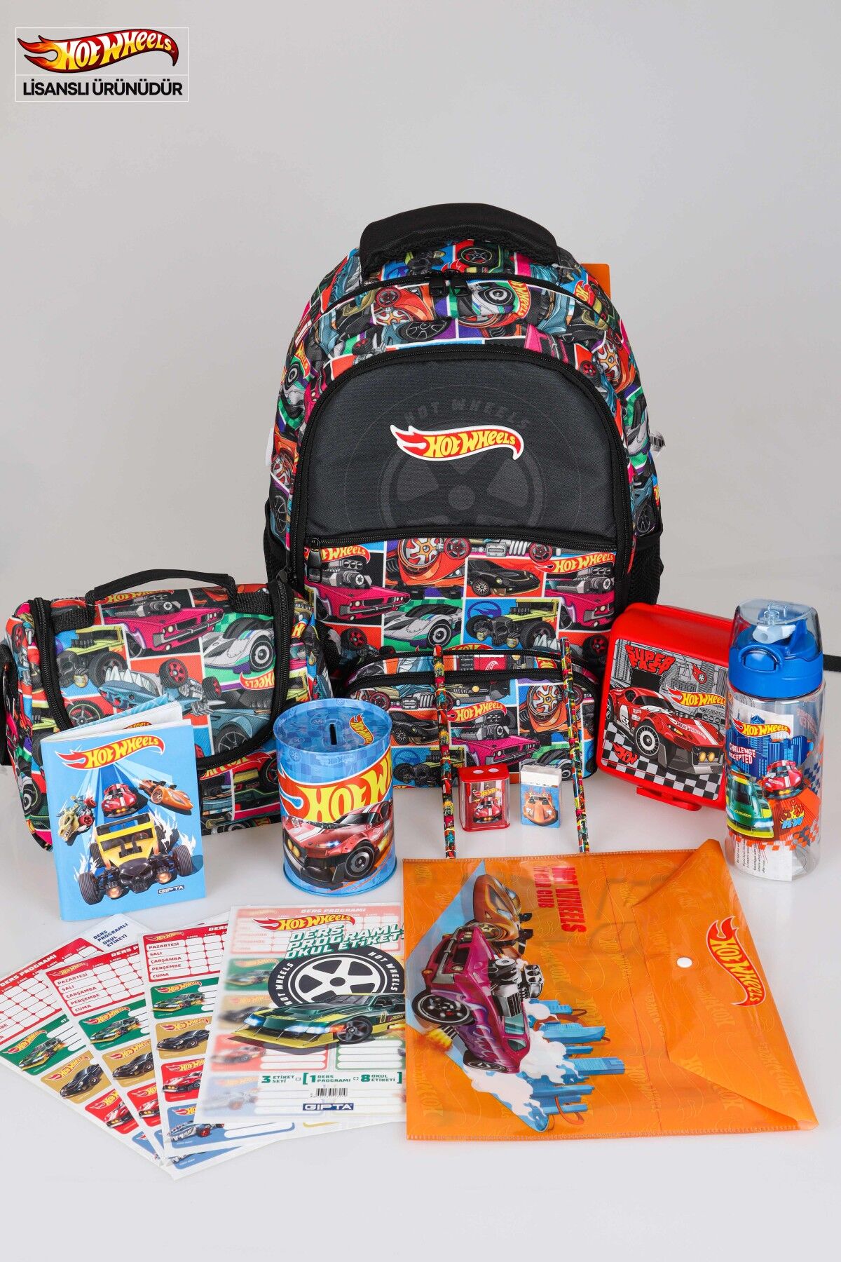 LİSANSLI HOT WHEELS OKUL,BESLENME VE KALEM ÇANTASI İLE BESLENME KABI KIRTASİYE SETİ ÇITÇIT DOSYA,KALEM,SİLGİ,KUMBARA,KALEMTRAŞ,RESİM DEFTERİ,OKUL ETİKETİ