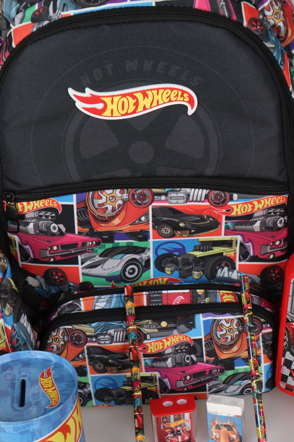 LİSANSLI HOT WHEELS OKUL,BESLENME VE KALEM ÇANTASI İLE BESLENME KABI KIRTASİYE SETİ ÇITÇIT DOSYA,KALEM,SİLGİ,KUMBARA,KALEMTRAŞ,RESİM DEFTERİ,OKUL ETİKETİ