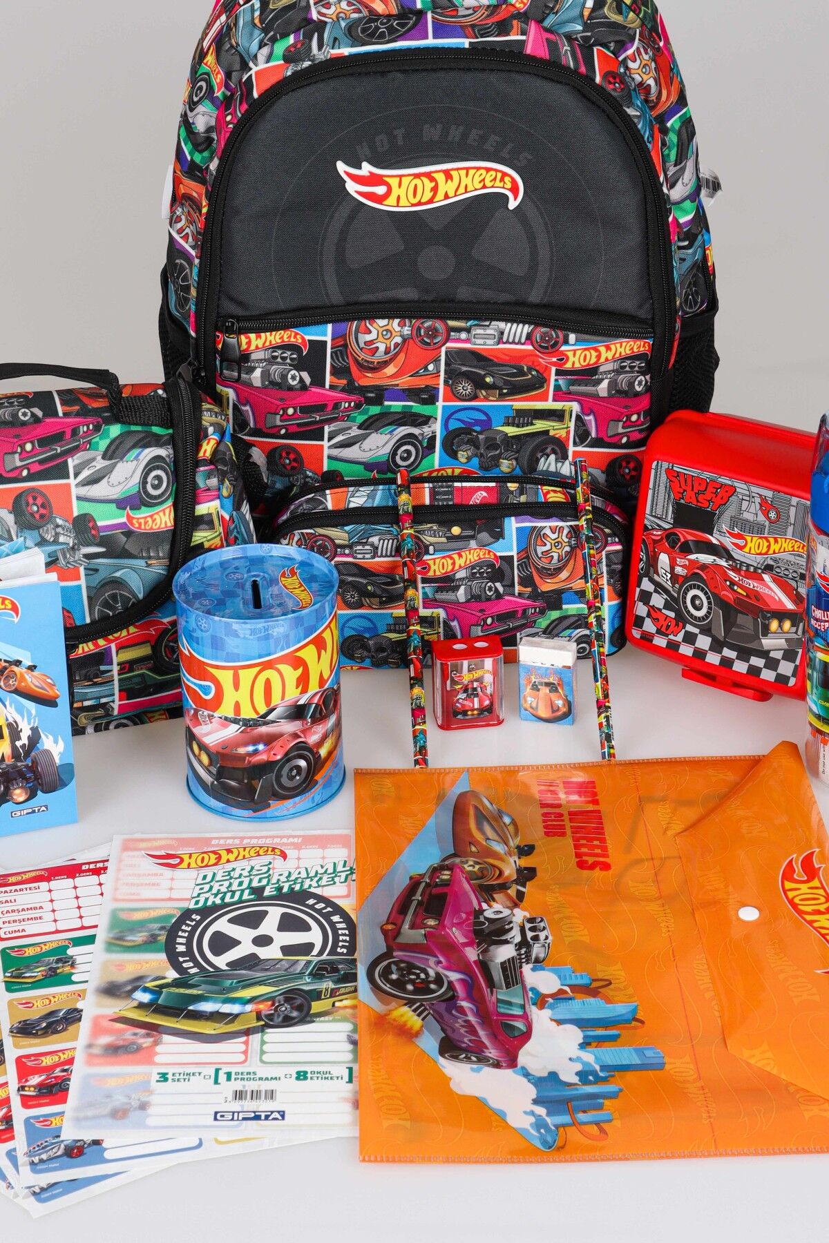 LİSANSLI HOT WHEELS OKUL,BESLENME VE KALEM ÇANTASI İLE BESLENME KABI KIRTASİYE SETİ ÇITÇIT DOSYA,KALEM,SİLGİ,KUMBARA,KALEMTRAŞ,RESİM DEFTERİ,OKUL ETİKETİ