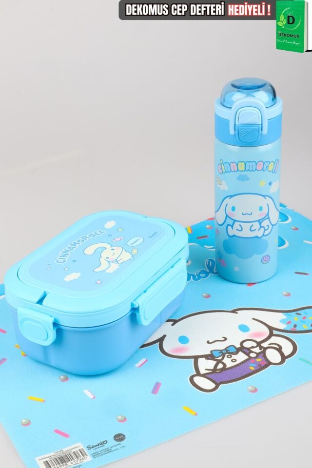 Lisanslı Cinnamoroll 600 ML Çift Fonksiyon Kapaklı Çelik Matara,Beslenme Örtüsü ve Beslenme Kabı Seti Dekomus Cep Defteri Hediyeli