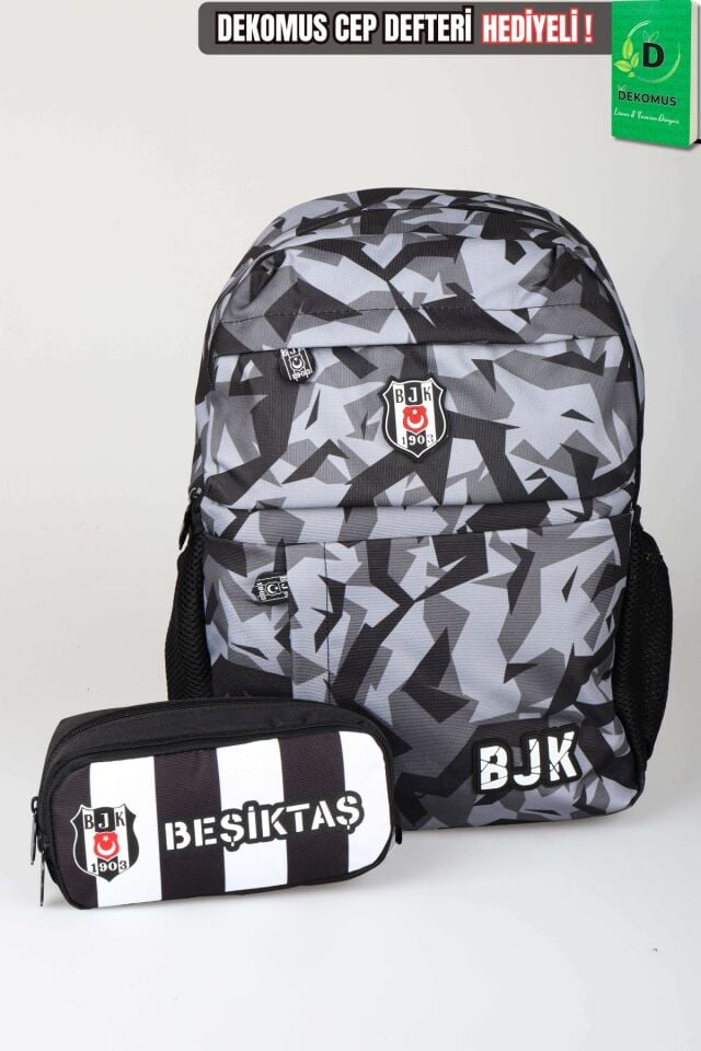 x Dekomus Lisanslı Beşiktaş Kamuflaj Büyük Boy Lise Okul Çantası ve Kalem Çantası Seti