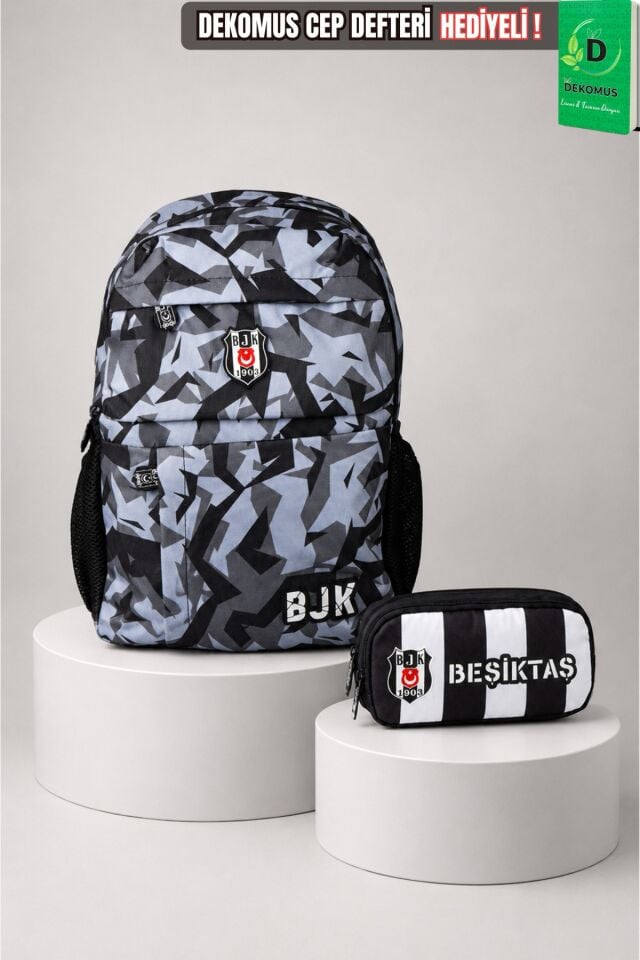 x Dekomus Lisanslı Beşiktaş Kamuflaj Büyük Boy Lise Okul Çantası ve Kalem Çantası Seti