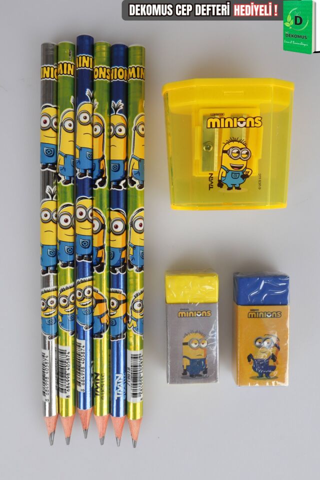 Lisanslı Minions 6 Adet Kurşun Kalem,2 Adet Silgi ve Kalemtraş Seti Dekomus Cep Defteri Hediyeli