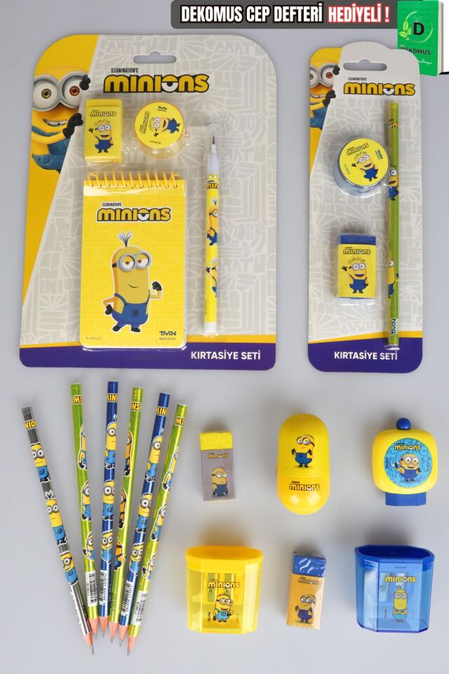Lisanslı Minions 19 Parça Kırtasiye Seti Not Defteri,Kurşun Kalem,Silgi,Kalemtraş Seti Dekomus Cep Defteri Hediyeli