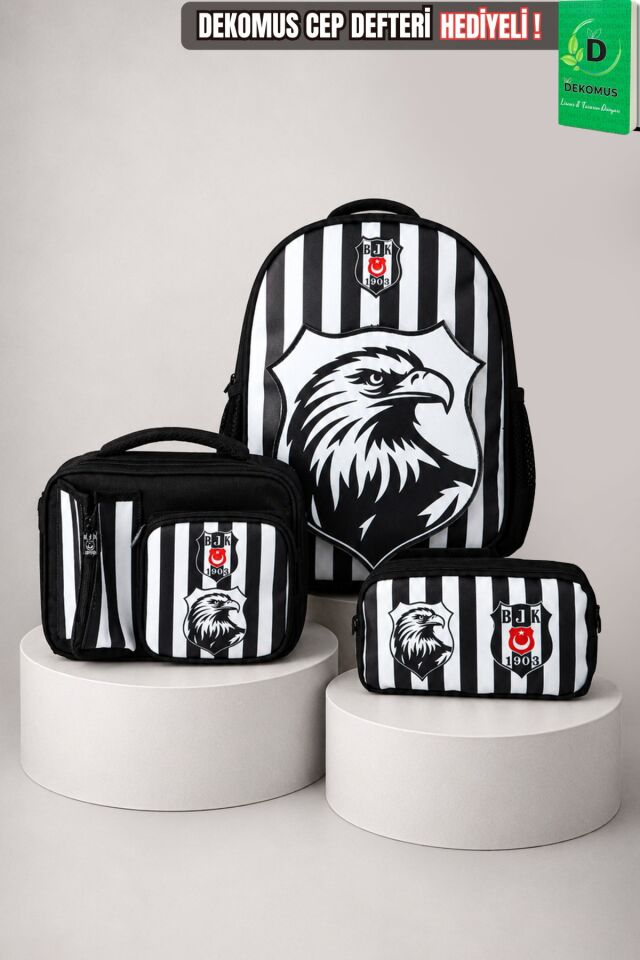 x Dekomus Lisanslı Beşiktaş Özel Tasarım 3D Kartal Küçük Boy Anaokul,Beslenme Ve Kalem Çantası Seti