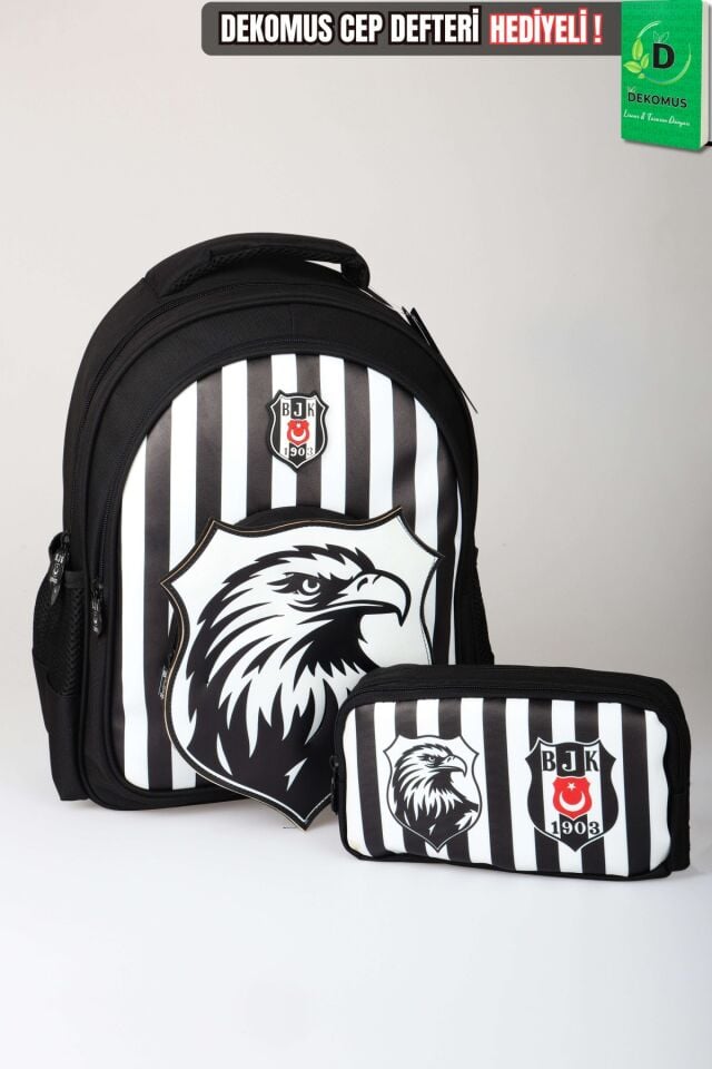 x Dekomus Lisanslı Beşiktaş Özel Tasarım 3D Kartal Büyük Boy Okul Çantası Ve Kalem Çantası Seti
