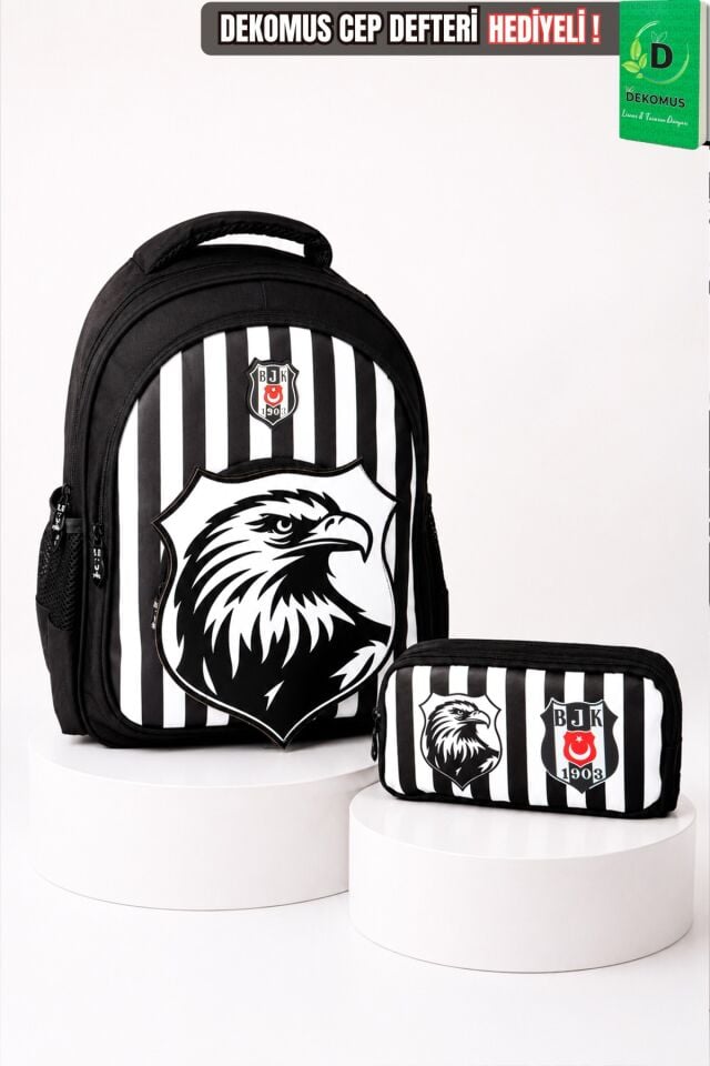 x Dekomus Lisanslı Beşiktaş Özel Tasarım 3D Kartal Büyük Boy Okul Çantası Ve Kalem Çantası Seti