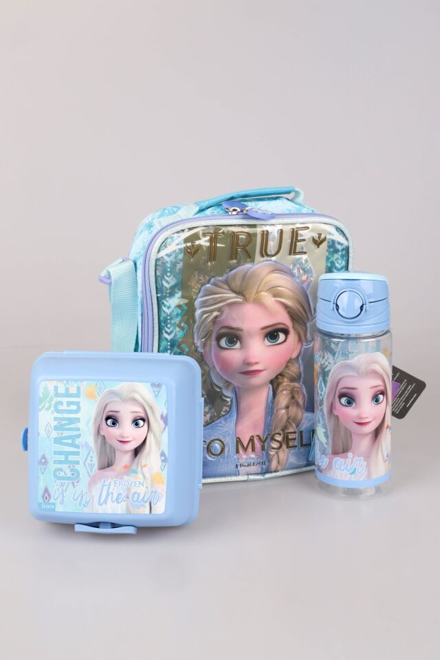 DEKOMUS LİSANSLI ELSA FROZEN ''BESLENME ÇANTASI,BESLENME KABI VE 500 ML TRITAN MATARA OKUL BESLENME SETİ