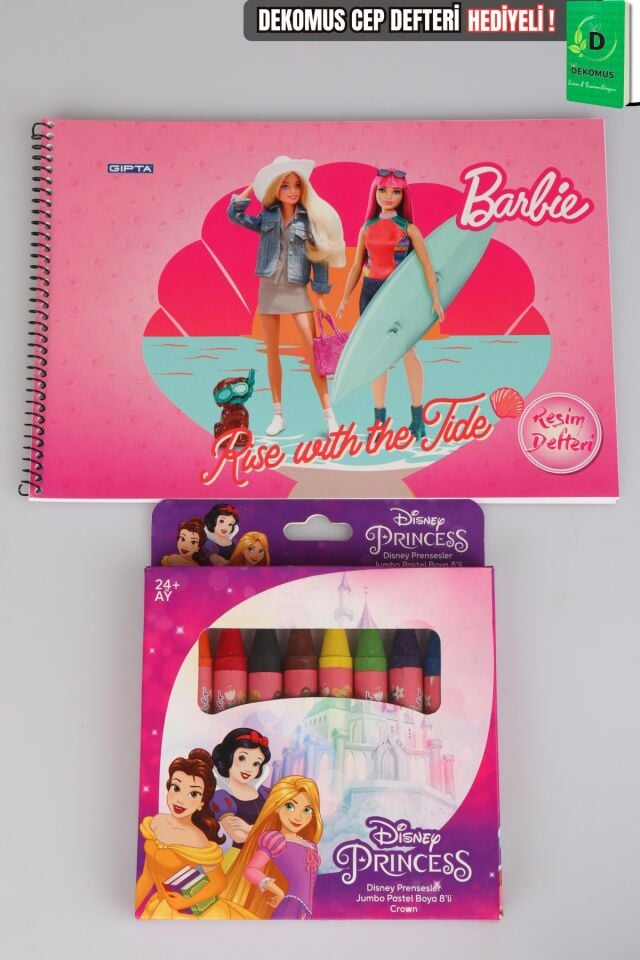 Lisanslı Barbie Resim Defteri ve Princess 8'li Pastel Boya Seti Dekomus Cep Defteri Hediyeli