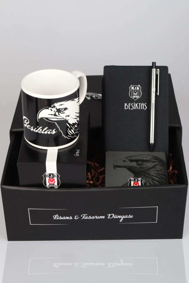 Özel Kutulu Lisanslı Beşiktaş Kupa,Kupa Altlığı ve A6 Suni Deri Bloknot&Tükenmez Kalem Seti