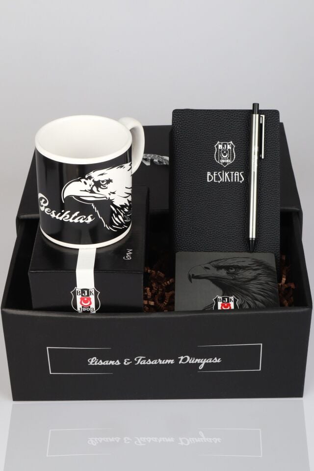 Özel Kutulu Lisanslı Beşiktaş Kupa,Kupa Altlığı ve A6 Suni Deri Bloknot&Tükenmez Kalem Seti