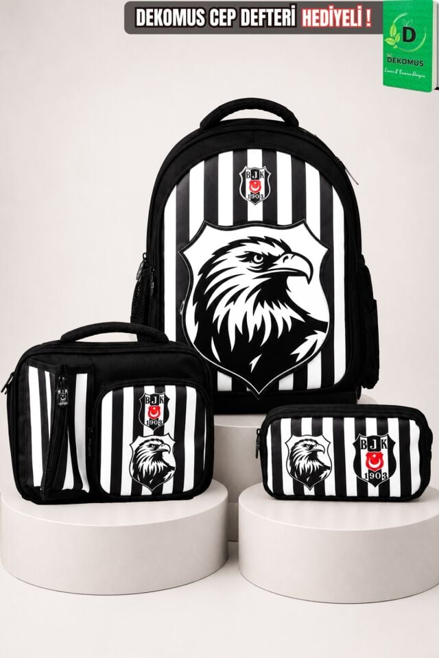 x Dekomus Lisanslı Beşiktaş Özel Tasarım 3D Kartal Büyük Boy Okul,Beslenme Ve Kalem Çantası Seti