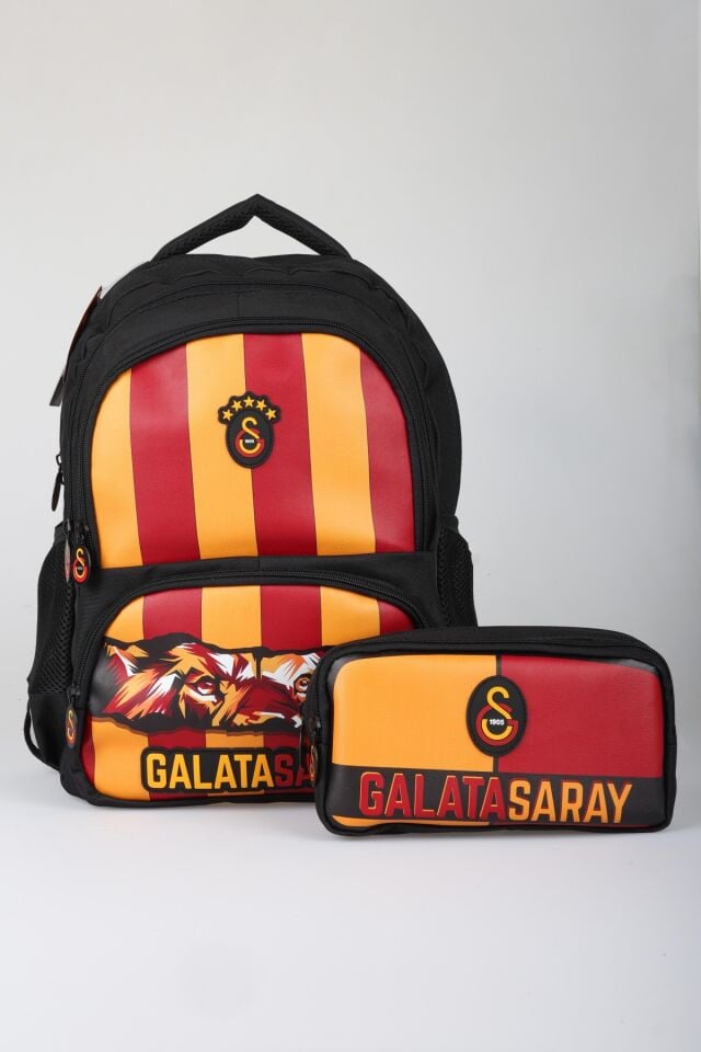 x Dekomus Lisanslı Galatasaray Özel Tasarım Leon Baskılı Çubuklu Büyük Boy Okul Çantası Ve Kalem Çantası Seti