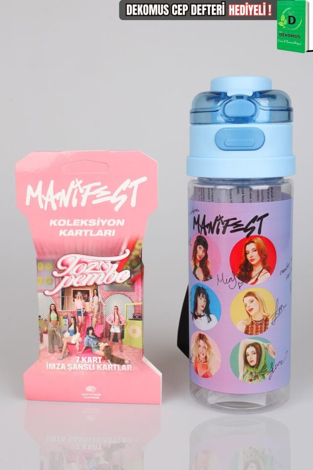 Lisanslı Manifest Toz Pembe Collection 500 ML Tritan Matara ve 7'li Koleksiyon Kart Seti Dekomus Cep Defteri Hediyeli