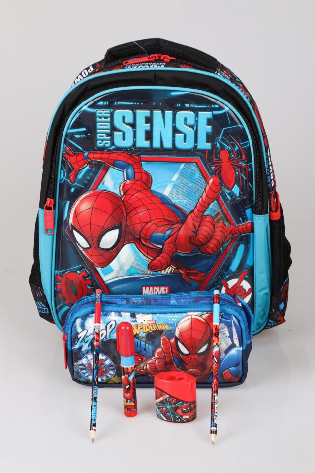 LİSANSLI SPIDERMAN OKUL ÇANTASI,KALEM ÇANTASI,2 ADET SİLGİLİ KURŞUN KALEM,ÇİFT BIÇAKLI KALEMTRAŞ VE ROKET SİLGİ  KIRTASİYE SETİ