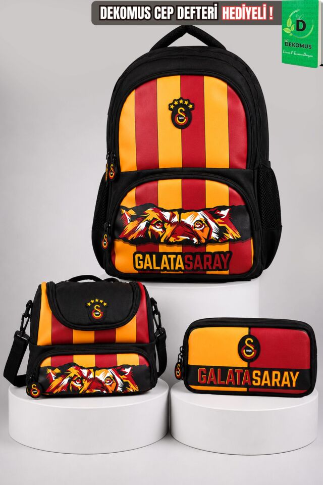 x Dekomus Lisanslı Galatasaray Özel Tasarım Leon Baskılı Çubuklu Büyük Boy Okul,Beslenme Ve Kalem Çantası Seti
