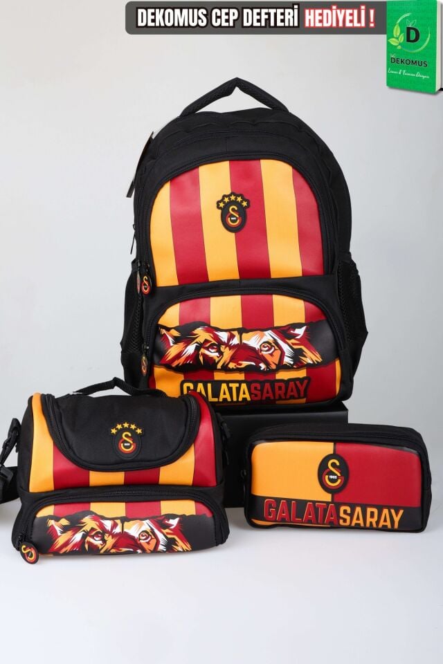 x Dekomus Lisanslı Galatasaray Özel Tasarım Leon Baskılı Çubuklu Büyük Boy Okul,Beslenme Ve Kalem Çantası Seti