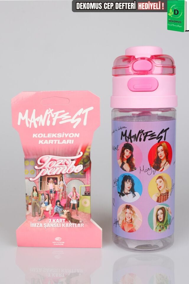 Lisanslı Manifest Toz Pembe Collection 500 ML Tritan Matara ve 7'li Koleksiyon Kart Seti Dekomus Cep Defteri Hediyeli