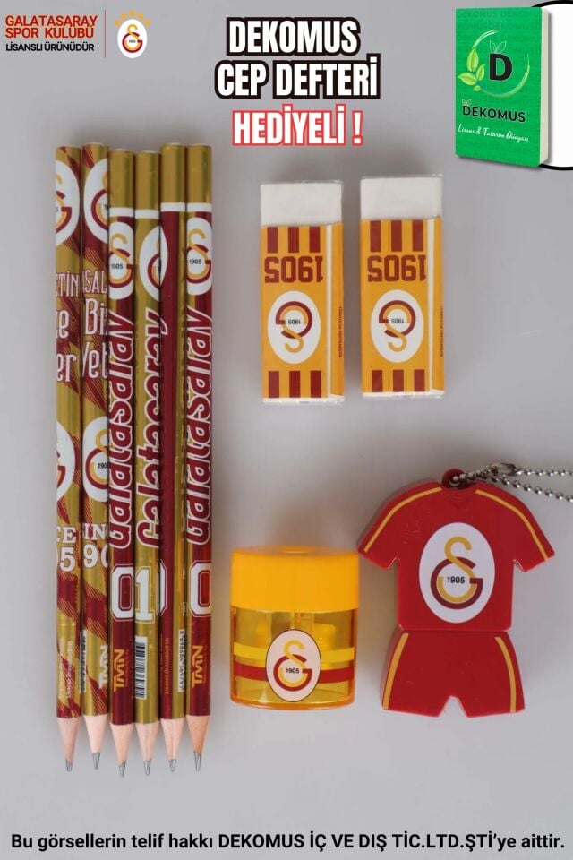 ''DEKOMUS CEP DEFTERİ HEDİYELİ''  LİSANSLI GALATASARAY 6 ADET KURŞUN KALEM,2 ADET SİLGİ VE 2 ADET KALEMTRAŞ KIRTASİYE SETİ