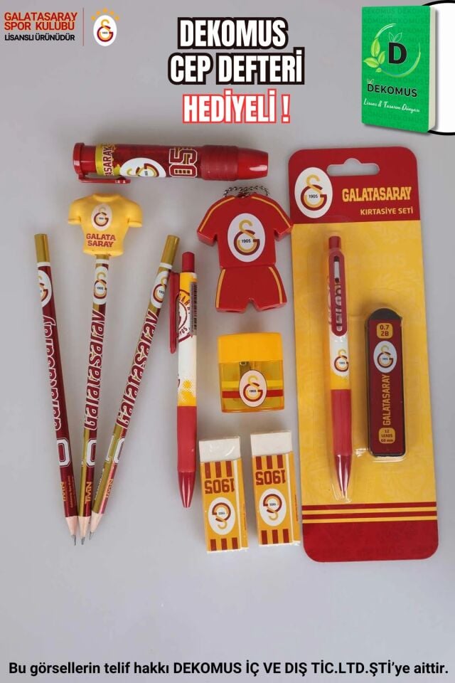 ''DEKOMUS CEP DEFTERİ HEDİYELİ''  LİSANSLI GALATASARAY 12 PARÇA KIRTASİYE SETİ SİLGİ TEPELİ KURŞUN KALEM,FORMA TASARIM KALEMTRAŞ