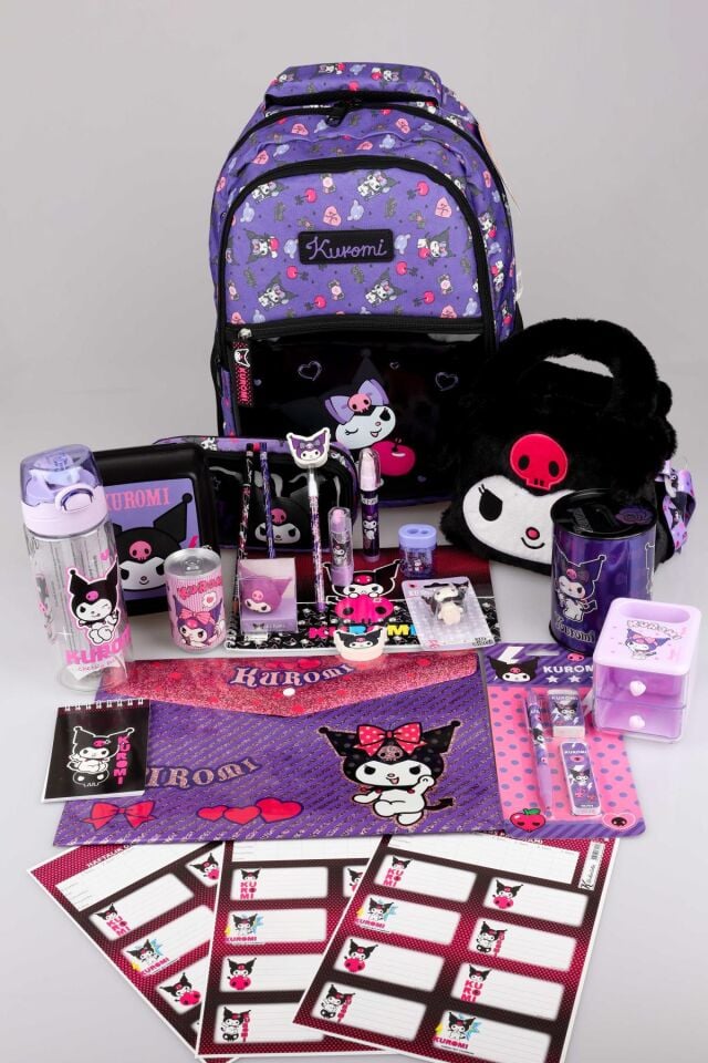 YENİ SEZON LİSANSLI KUROMI ''CHERRY'' ÖZEL KOLEKSİYON FULL PREMIUM OKUL ÇANTASI,BESLENME ÇANTASI,BESLENME KABI,KALEM ÇANTASI VE 500 ML MATARA,KIRTASİYE OKUL SETİ