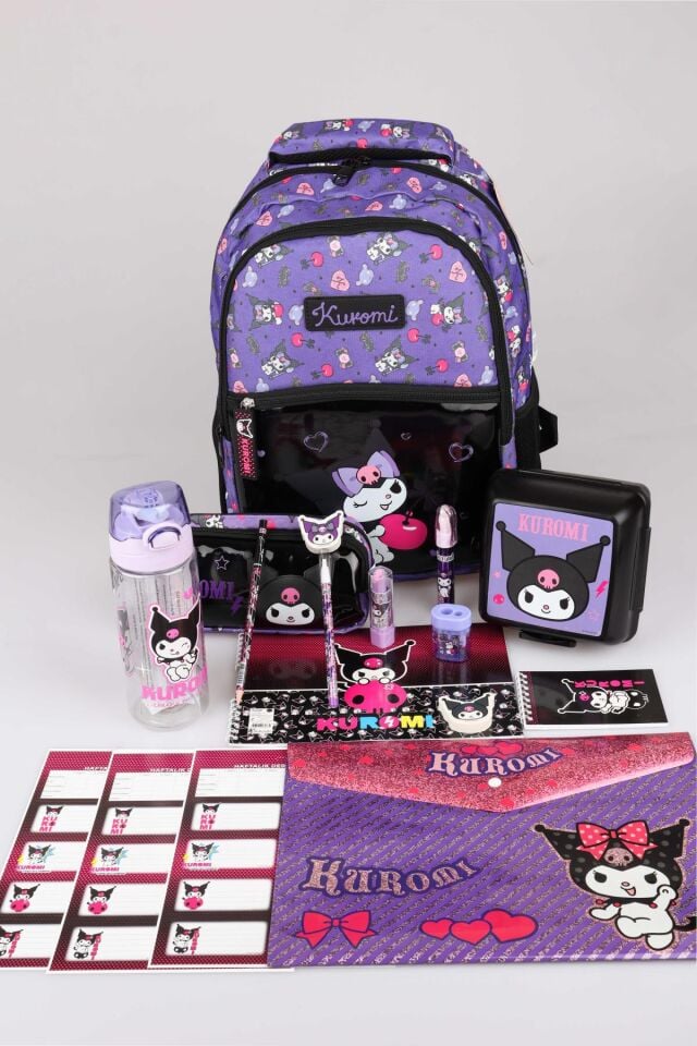 DEKOMUS İLE LİSANSLI KUROMI ''CHERRY'' ÖZEL KOLEKSİYON OKUL ÇANTASI,KALEM ÇANTASI,500 ML TRITAN MATARA VE 2 KATLI BESLENME KABI KIRTASİYE OKUL SETİ
