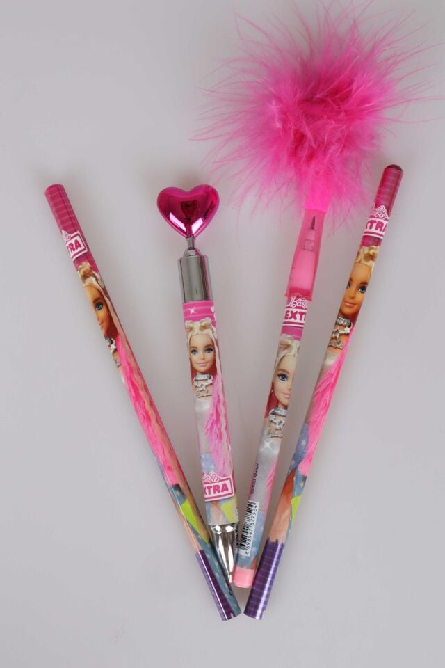 LİSANSLI BARBIE TÜYLÜ GEÇMELİ KALEM,KALP BAŞLIKLI VERSATİL KURŞUN KALEM, 2 ADET KURŞUN KALEM KIRTASİYE SETİ