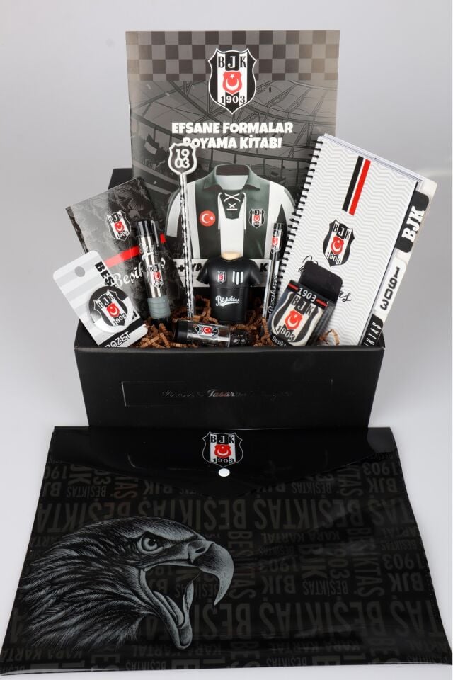 Özel Kutulu Lisanslı Beşiktaş 12 Parça Kırtasiye Seti Ajanda,Boyama Kitabı,Kalemtraş,Çıtçıt Dosya,Logo Silgi