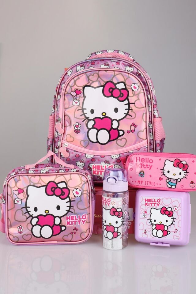 YENİ SEZON LİSANSLI HELLO KITTY'NIN PIRILTILI DÜNYASI ÖZEL KOLEKSİYON OKUL,BESLENME VE KALEM ÇANTASI,MATARA İLE BESLENME KABI SETİ