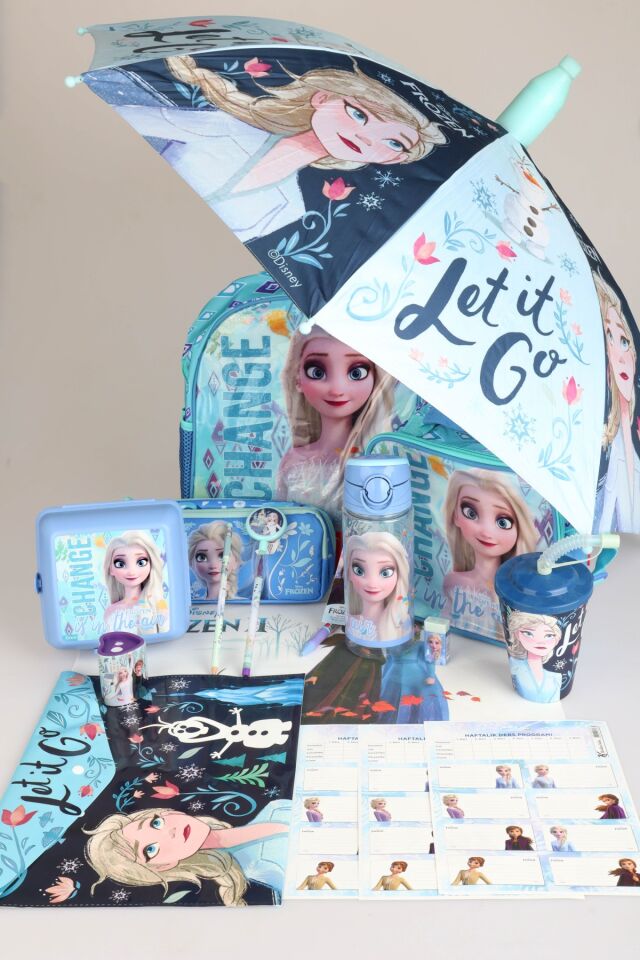 DEKOMUS LİSANSLI ELSA FROZEN KILIFLI ŞEMSİYE İLE TEK BÖLMELİ KÜÇÜK BOY 32 CM ANAOKUL ,BESLENME VE KALEM ÇANTASI,MATARA,BESLENME KABI İLE FULL OKUL/KIRTASİYE SETİ