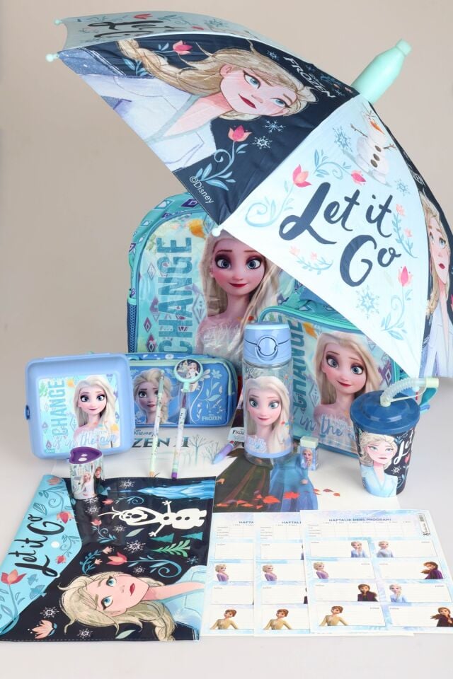 DEKOMUS LİSANSLI ELSA FROZEN KILIFLI ŞEMSİYE İLE TEK BÖLMELİ KÜÇÜK BOY 32 CM ANAOKUL ,BESLENME VE KALEM ÇANTASI,MATARA,BESLENME KABI İLE FULL OKUL/KIRTASİYE SETİ