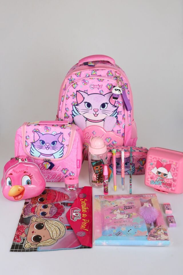 ''DEKOMUS ISLAK MENDİL HEDİYELİ'' ''SWEET AND SPARKLY KOLEKSİYONU'' BÜYÜK BOY OKUL ÇANTASI,TERMOSLU BESLENME ÇANTASI VE KALEM ÇANTASI İLE FULL KIRTASİYE SETİ