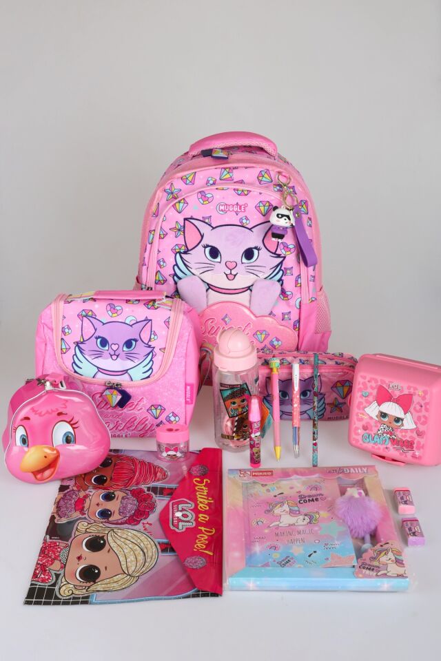 ''DEKOMUS ISLAK MENDİL HEDİYELİ'' ''SWEET AND SPARKLY KOLEKSİYONU'' BÜYÜK BOY OKUL ÇANTASI,TERMOSLU BESLENME ÇANTASI VE KALEM ÇANTASI İLE FULL KIRTASİYE SETİ