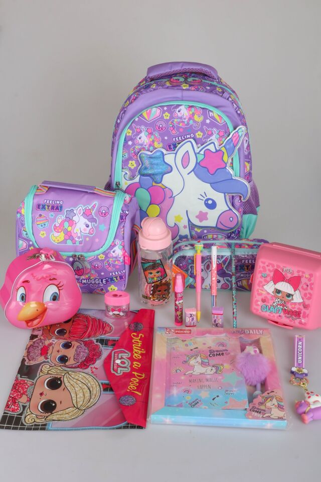 ''DEKOMUS ISLAK MENDİL HEDİYELİ'' ''UNICORN KOLEKSİYONU'' BÜYÜK BOY OKUL ÇANTASI,TERMOSLU BESLENME ÇANTASI VE KALEM ÇANTASI İLE FULL KIRTASİYE SETİ