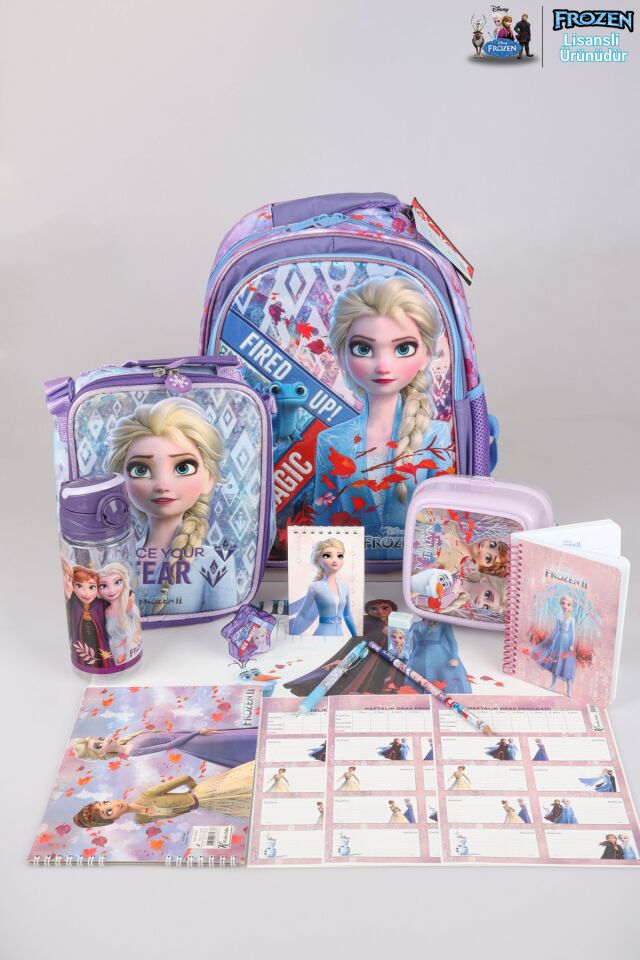 DEKOMUS LİSANSLI ELSA FROZEN ''OKUL VE BESLENME ÇANTASI,BESLENME KABI VE 500 ML TRITAN MATARA OKUL SETİ