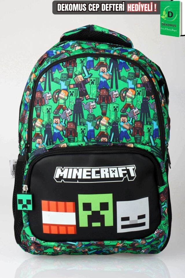 x Dekomus Lisanslı Minecraft Creeper Piksel Desenli Büyük Boy Okul Çantası
