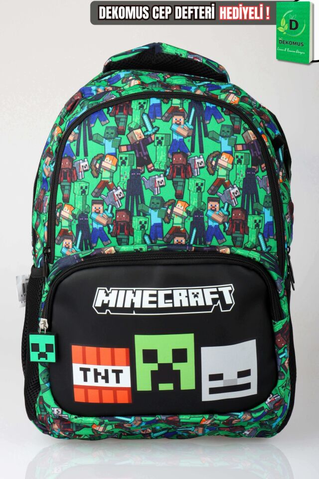 x Dekomus Lisanslı Minecraft Creeper Piksel Desenli Büyük Boy Okul Çantası