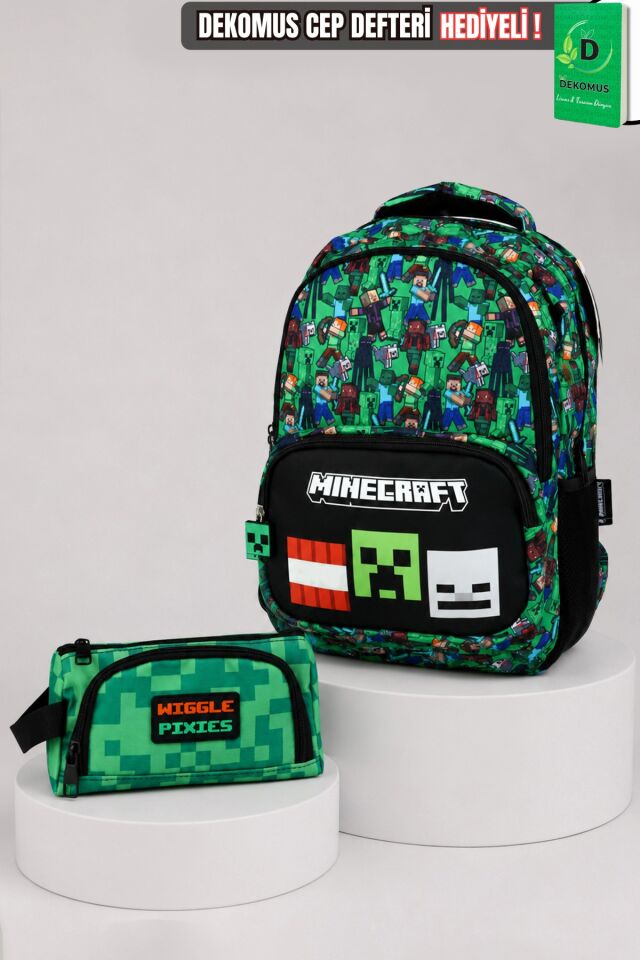 x Dekomus Lisanslı Creeper Piksel Desenli Büyük Boy Okul Çantası Ve Kalem Çantası Seti