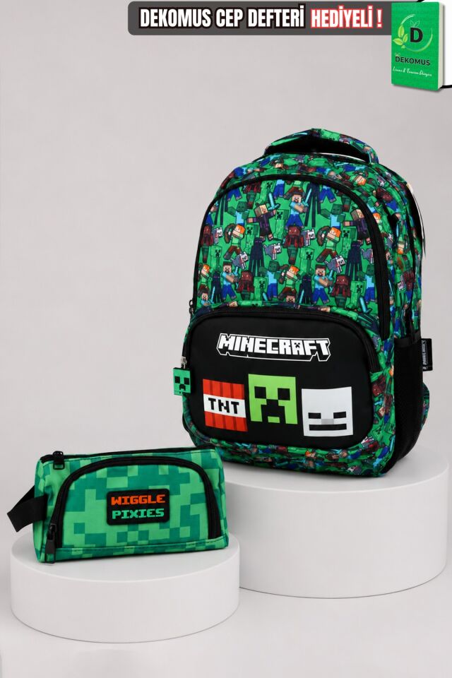 x Dekomus Lisanslı Minecraft Creeper Piksel Desenli Büyük Boy Okul Çantası Ve Kalem Çantası Seti