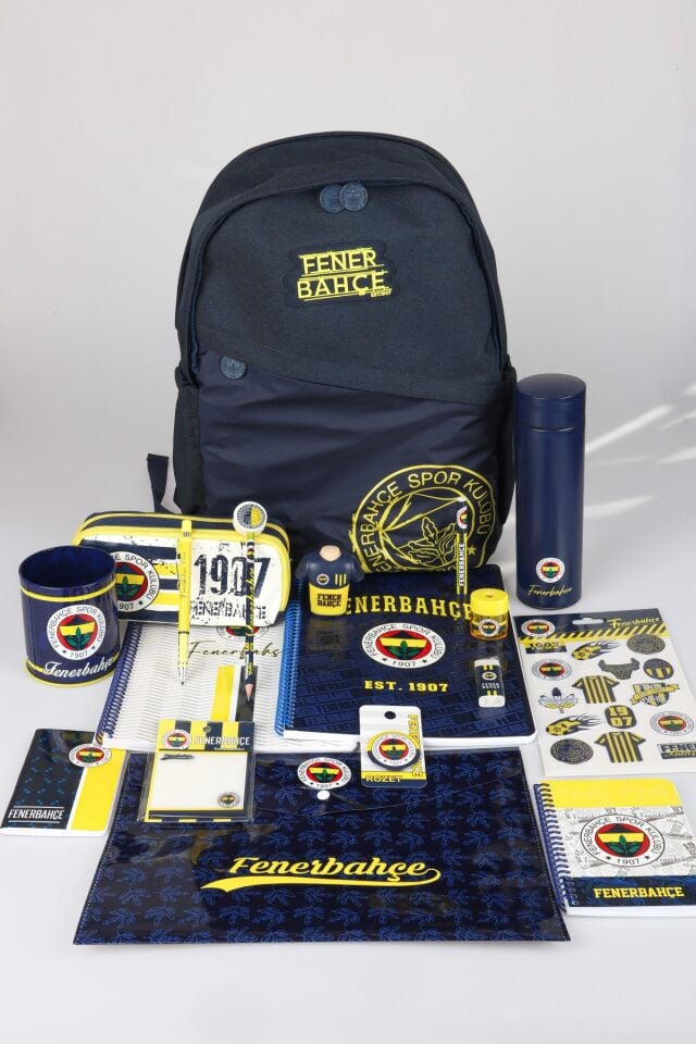 Lisanslı Fenerbahçe Büyük Boy Lise Çantası,2 Adet A4 Defter,Çelik Termos,Uçlu Kalem Kırtasiye Seti