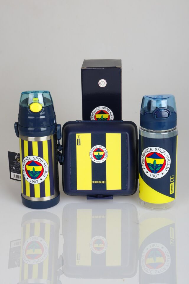 ''DEKOMUS CEP DEFTERİ HEDİYELİ'' LİSANSLI FENERBAHÇE 3'LÜ BESLENME SETİ 500 ML ÇELİK VE TRITAN MATARA İLE BESLENME KABI SETİ 1907