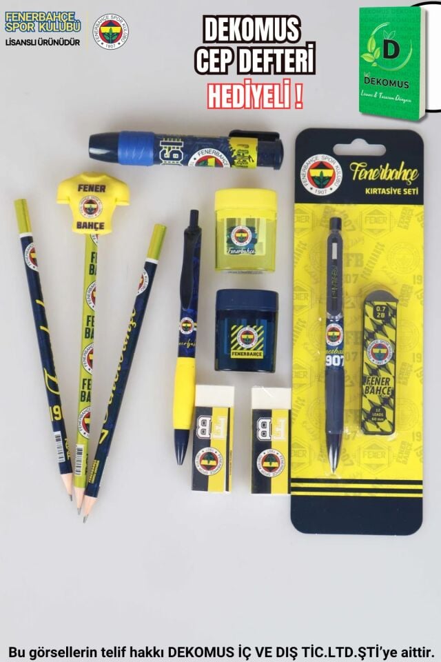 ''DEKOMUS CEP DEFTERİ HEDİYELİ'' LİSANSLI FENERBAHÇE 12 PARÇA KIRTASİYE SETİ SİLGİ TEPELİ KURŞUN KALEM,VERSATİL UÇLU KALEM