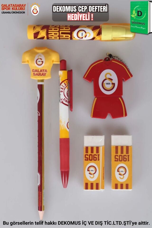 ''DEKOMUS CEP DEFTERİ HEDİYELİ'' LİSANSLI GALATASARAY 12 PARÇA KIRTASİYE SETİ SİLGİ TEPELİ KURŞUN KALEM,FORMA TASARIM KALEMTRAŞ