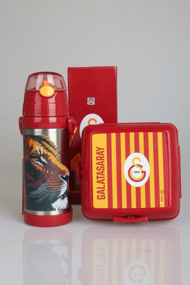 YENİ SEZON LİSANSLI GALATASARAY LEON ASKILI 500 ML ÇELİK MATARA VE ÇİZGİLİ BESLENME KABI SETİ
