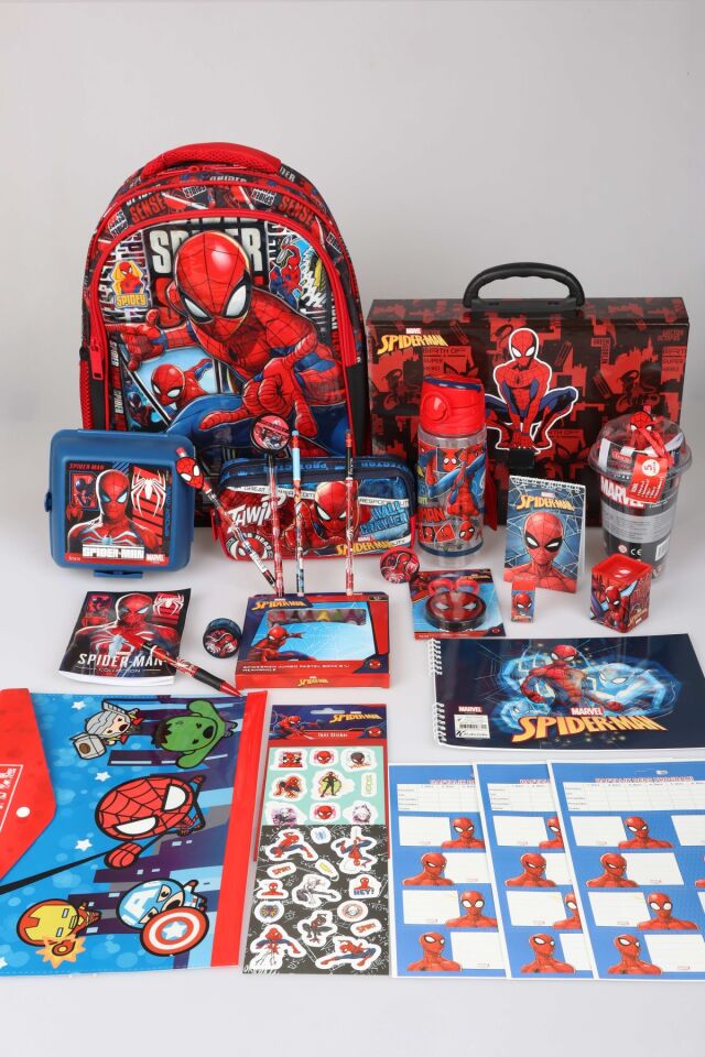 x Dekomus Lisanslı Spiderman 32 Parça Kırtasiye Seti Okul ve Kalem Çantası,Matara,Beslenme Kabı,Saplı Çanta Kırtasiye Seti